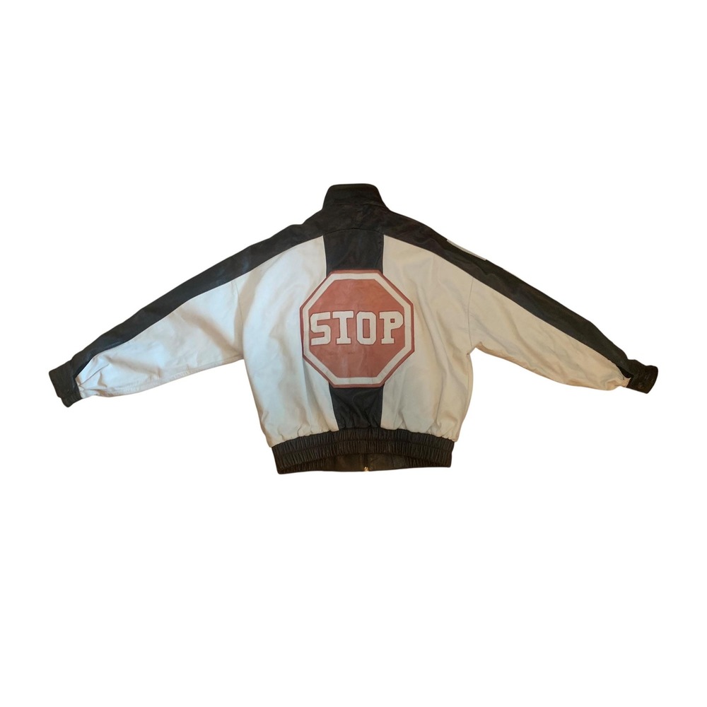 Rawlings Leather Bomber Jacket Vintage Stop Sign Graphic Black White Mens L